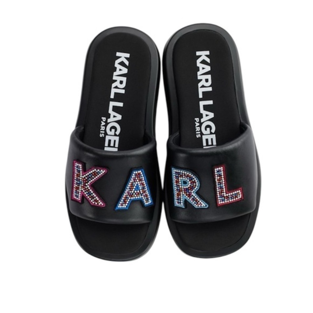 Karl Lagerfeld Black Leather Slides with Rhinestone Logo “KARL” -NWT 7